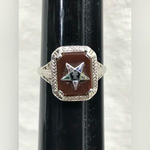 Vintage Art Deco 14K White Gold and Carnelian Eastern Star Ring Size 6.5